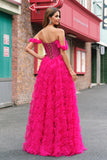 Fuchsia A-Line Tiered Off the Shoulder Long Corset Prom Dress with Beading