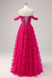 Fuchsia A-Line Tiered Off the Shoulder Long Corset Prom Dress with Beading