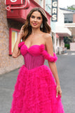 Fuchsia Tiered A-Line Off the Shoulder Long Corset Prom Dress with Beading