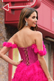 Fuchsia Tiered A-Line Off the Shoulder Long Corset Prom Dress with Beading