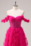 Fuchsia A-Line Tiered Off the Shoulder Long Corset Prom Dress with Beading