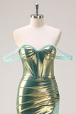 Green Off the Shoulder Mermaid Metallic Long Corset Prom Dress with Slit