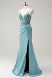 Sparkly Blue Mermaid Corset Prom Dress with Slit