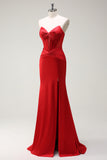 Mermaid Sweetheart Red Corset Long Prom Dress with Slit