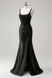 Black Sheath Spaghetti Straps Corset Beaded Long Prom Dress with Slit