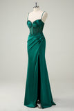 Dark Green Mermaid Spaghetti Straps Corset Long Prom Dress With Slit