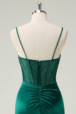 Dark Green Mermaid Spaghetti Straps Corset Long Prom Dress With Slit