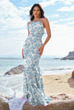 Blue Flower Mermaid Halter Chiffon Backless Long Bridesmaid Dress with Ruffles