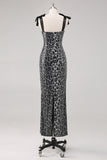 Sparkly Grey Leopard Sheath Tie Straps Formal Dress