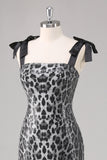 Sparkly Grey Leopard Sheath Tie Straps Formal Dress