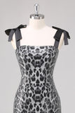 Sparkly Grey Leopard Sheath Tie Straps Formal Dress