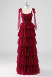 Burgundy A Line Tied Shoulder Straps Tiered Tulle Formal Dress