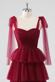 Burgundy A Line Tied Shoulder Straps Tiered Tulle Formal Dress