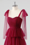 Burgundy A Line Tied Shoulder Straps Tiered Tulle Formal Dress