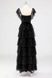 A Line Black Square Neck Tiered Formal Dress