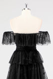 A Line Black Square Neck Tiered Formal Dress