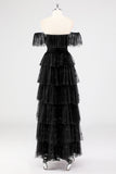 A Line Black Square Neck Tiered Formal Dress