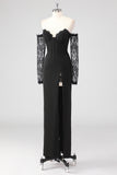 Black Sheath Corset Cold Shoulder Lace Formal Dress With Long Sleeves