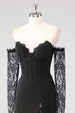 Black Sheath Corset Cold Shoulder Lace Formal Dress With Long Sleeves