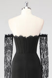 Black Sheath Corset Cold Shoulder Lace Formal Dress With Long Sleeves