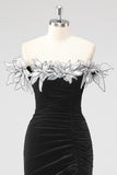 Black Mermaid Strapless Pleated Formal Dress With 3D Flowers