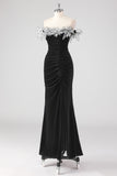 Black Mermaid Strapless Pleated Formal Dress With 3D Flowers