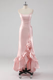 Pink Ruffled Sheath Strapless Satin Long Formal Dress with Slit