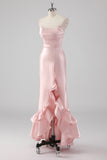 Pink Ruffled Sheath Strapless Satin Long Formal Dress with Slit