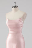 Pink Ruffled Sheath Strapless Satin Long Formal Dress with Slit