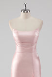 Pink Ruffled Sheath Strapless Satin Long Formal Dress with Slit