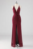 Burgundy Sheath V-Neck Pleated Beaded Backless Long Formal Dress with Slit