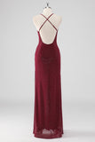 Burgundy Sheath V-Neck Pleated Beaded Backless Long Formal Dress with Slit