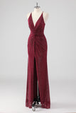 Burgundy Sheath V-Neck Pleated Beaded Backless Long Formal Dress with Slit