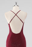 Burgundy Sheath V-Neck Pleated Beaded Backless Long Formal Dress with Slit