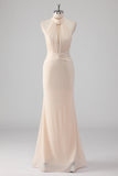 Halter Cream Mermaid Cut Out Long Formal Dress