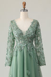 Sage A-Line Long Sleeves Prom Dress with Appliques