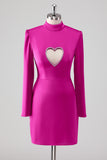 Fuchsia Satin Sheath High Neck Cut Out Short Formal Dress With Long Sleeves