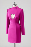 Fuchsia Satin Sheath High Neck Cut Out Short Formal Dress With Long Sleeves