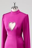 Fuchsia Satin Sheath High Neck Cut Out Short Formal Dress With Long Sleeves