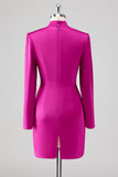 Fuchsia Satin Sheath High Neck Cut Out Short Formal Dress With Long Sleeves