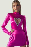 Fuchsia Satin Sheath High Neck Cut Out Short Formal Dress With Long Sleeves