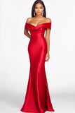 Red Mermaid Off The Shoulder Satin Formal Dress