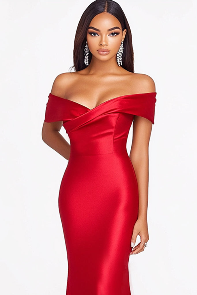Zapaka Women Red Formal Dress Mermaid Off The Shoulder Satin Floor