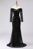 Black Sheath Off The Shoulder Mesh And Lace Formal Dress with Long Sleeve