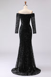 Black Sheath Off The Shoulder Mesh And Lace Formal Dress with Long Sleeve