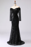 Black Sheath Off The Shoulder Mesh And Lace Formal Dress with Long Sleeve