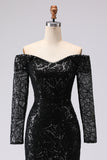 Black Sheath Off The Shoulder Mesh And Lace Formal Dress with Long Sleeve