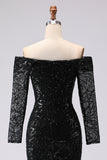Black Sheath Off The Shoulder Mesh And Lace Formal Dress with Long Sleeve