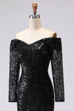 Black Sheath Off The Shoulder Mesh And Lace Formal Dress with Long Sleeve