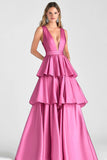 Fuchsia A-Line V Neck Ruffles Long Prom Dress